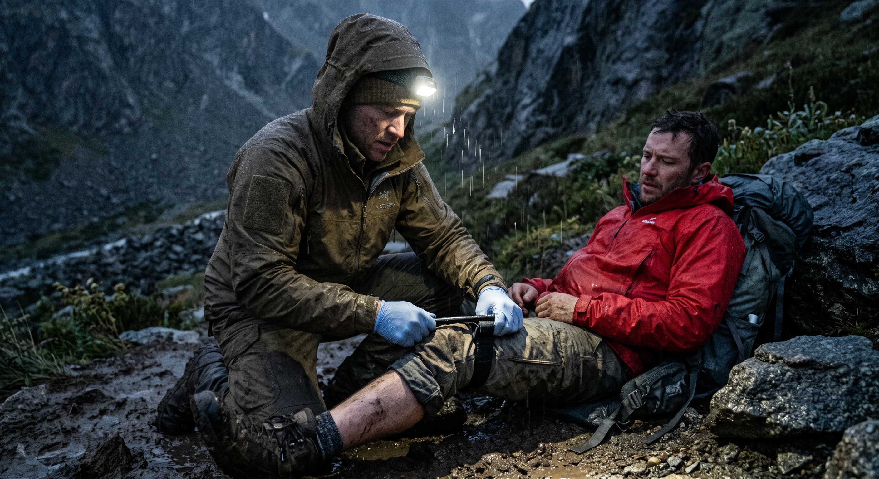 Tactical wilderness medic applying a tourniquet to a wounded hiker in the rain.