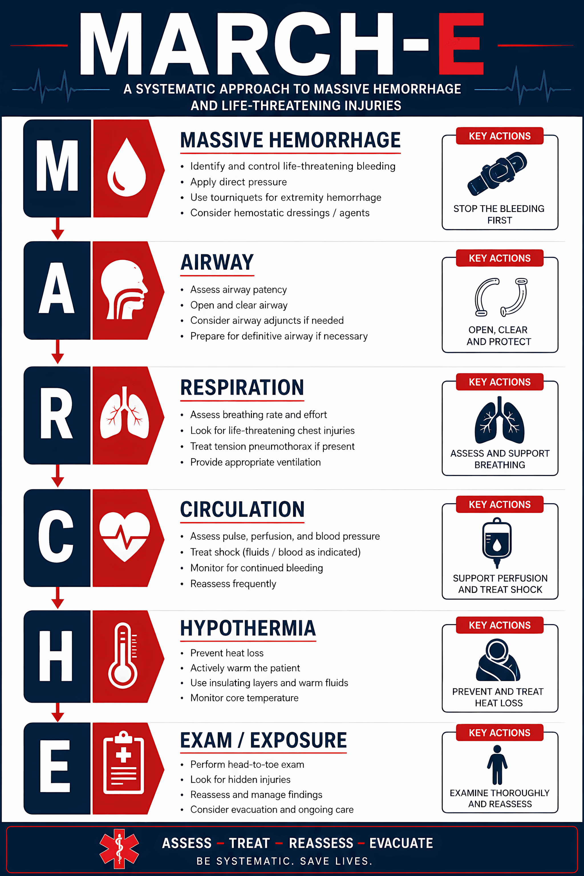 Vertical medical infographic explaining the MARCH-E emergency assessment sequence: Massive Hemorrhage, Airway, Respiration, Circulation, Hypothermia, and Exam/Exposure, with red-and-navy medical icons, key actions, and a final reminder to Assess, Treat, Reassess, and Evacuate.